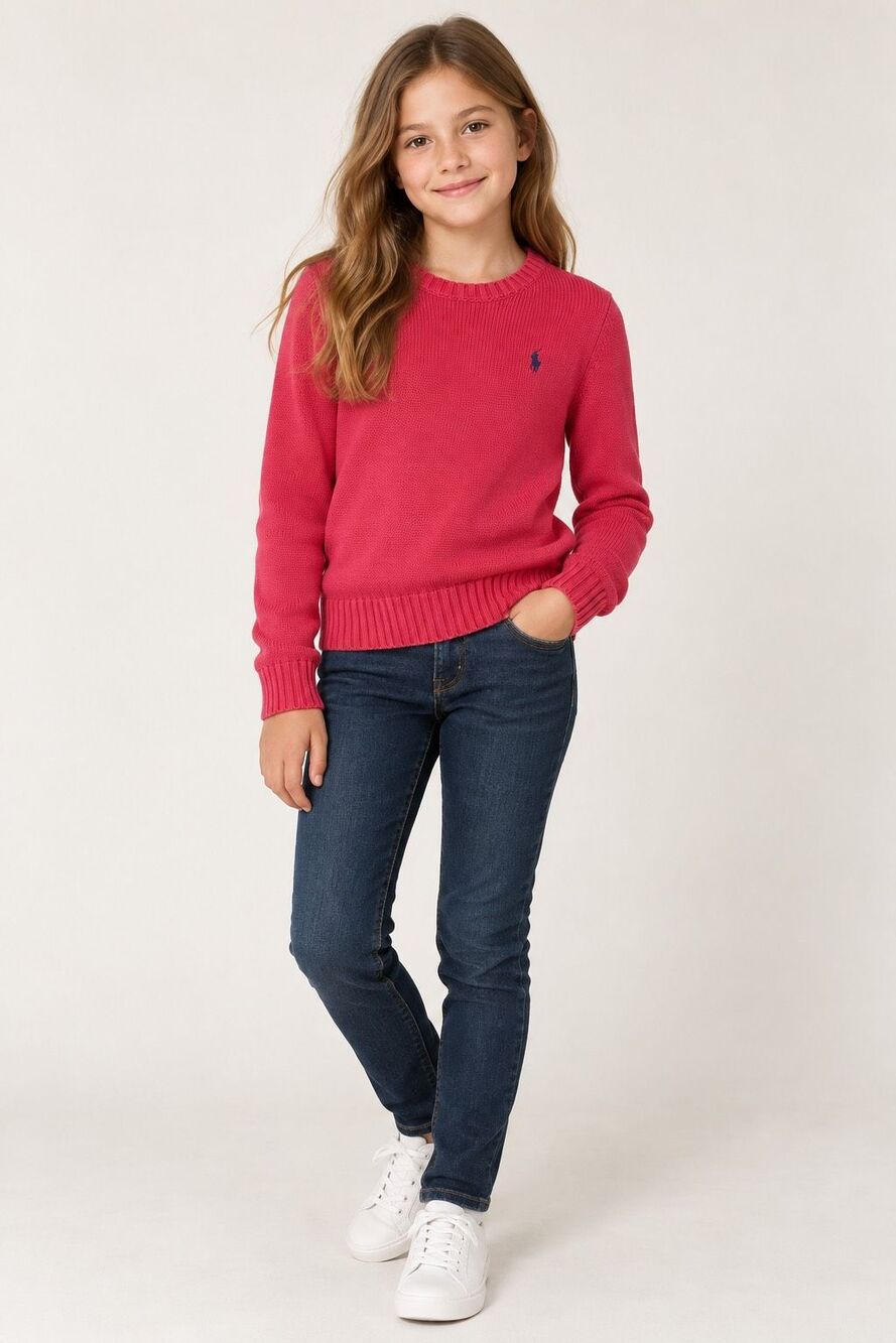 Polo Ralph Lauren Girls M 10-12 Pink Cotton Crewneck Pony Sweater